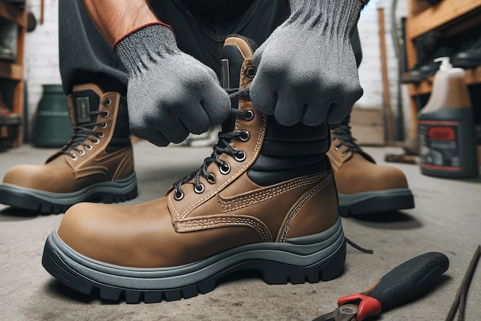 Man using his hands to try stretch his work boots