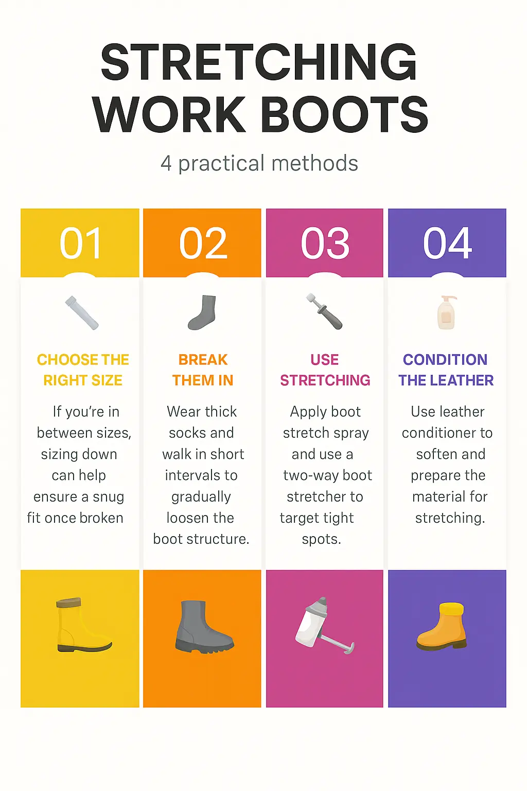 Infographic showing 5 methods for stretching work boots including boot stretcher, thin socks, spray/oil, freezing, and gradual wear