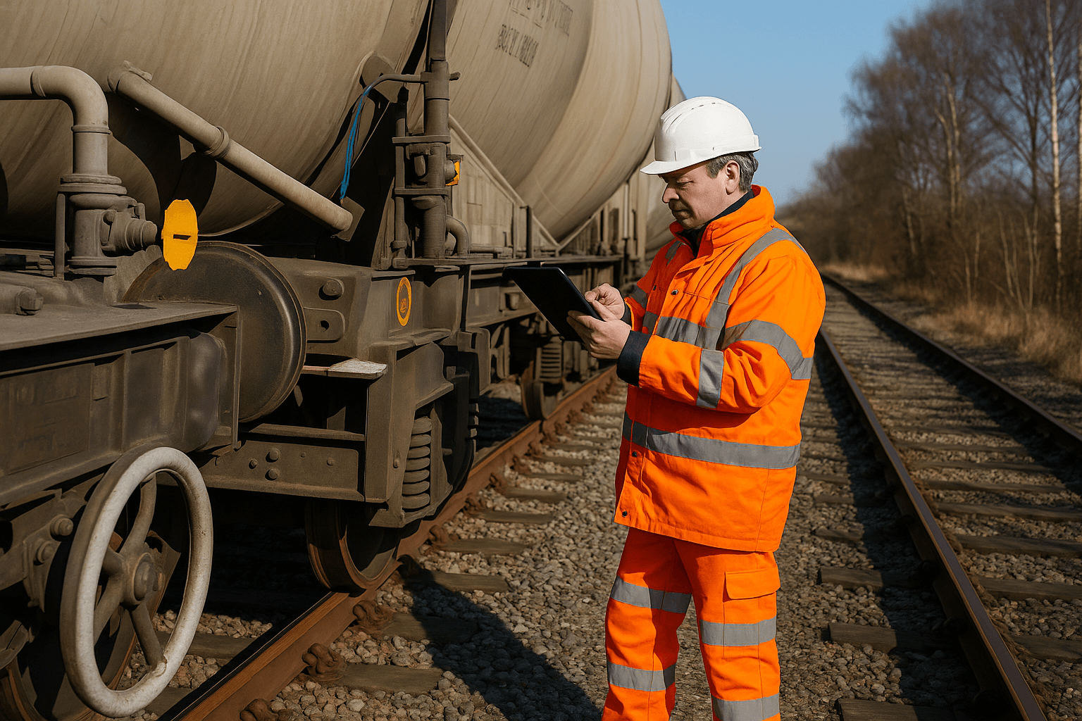 Railway inspector with dirt on workwear.