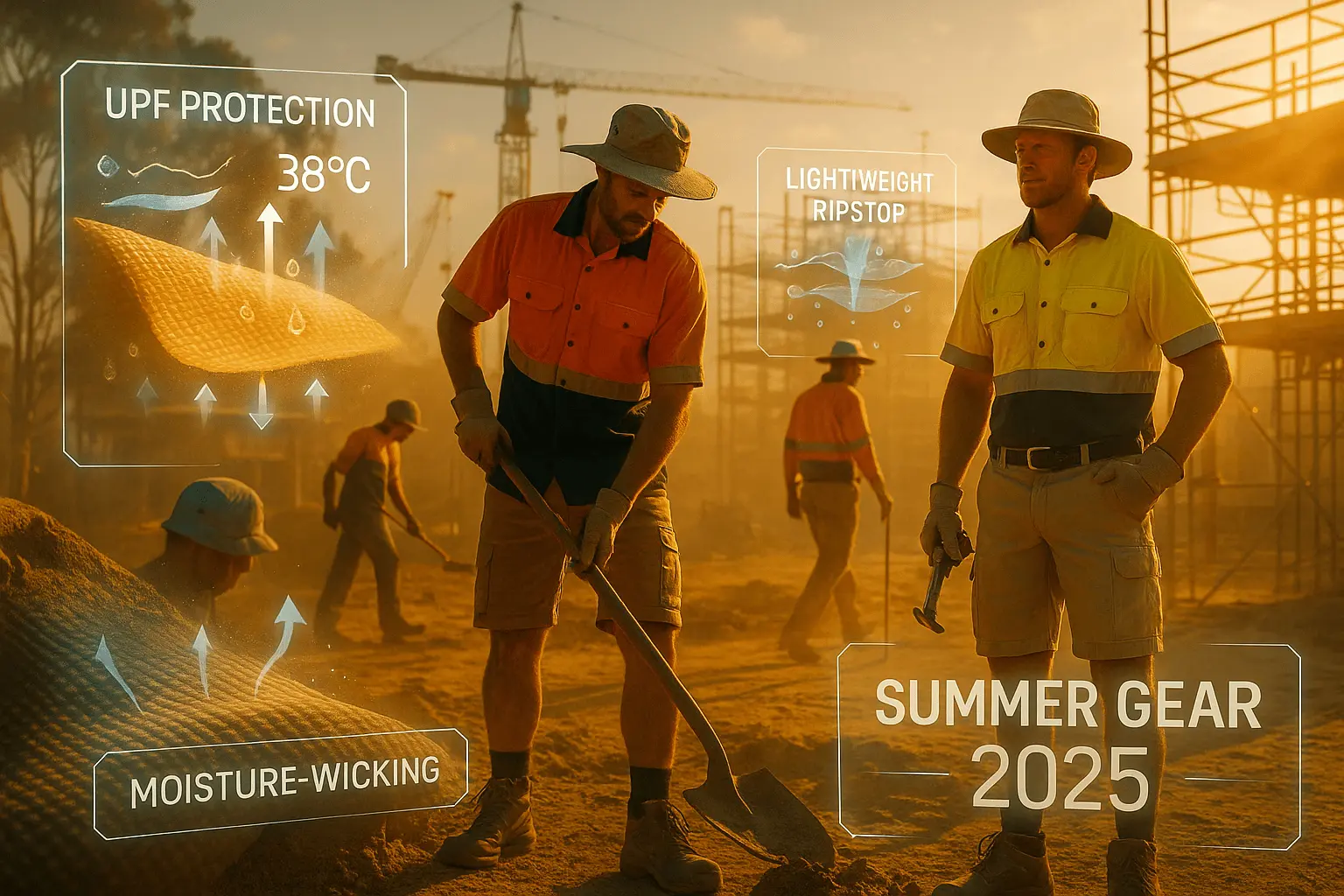 Workers wearing lightweight hi-vis breathable workwear on an Australian construction site at sunset, surrounded by dust haze and sunlight beams, with holographic overlays showing temperature and fabric technology data.
