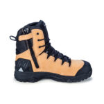 This image shows Mack-Composite-Zip-Safety-boot-TERRAPRO-2-0-MKTERRPR2Z-1a-honey-15.jpg The shoe shown in the image has a tan and black color scheme, with a zipper running down the side of the boot. It features two pockets on the sides for storage purposes. The sole is made from rubber material, providing durability and grip. The boot appears to be designed for outdoor activities or work environments, as indicated by its construction and design elements