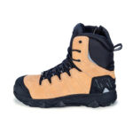 This image shows Mack-Composite-Zip-Safety-boot-TERRAPRO-2-0-MKTERRPR2Z-1b-honey.jpg The shoe has a tan and black color scheme, with a high top and low bottom section. It features a zipper on the side of the foot for easy wearability. The shoe is made from a durable material that appears to be cotton or leather, providing both comfort and style. There are two pockets on the side of the shoe, which can be useful for carrying small items while outdoors. Additionally, there's reflective tape on the side of the shoe, which could serve as an extra safety feature when walking in low-light conditions