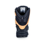 This image shows Mack-Composite-Zip-Safety-boot-TERRAPRO-2-0-MKTERRPR2Z-1e-honey.jpg A black and tan work boot with a mesh back, a zipper on the side, and a label that reads "Navy Blue"